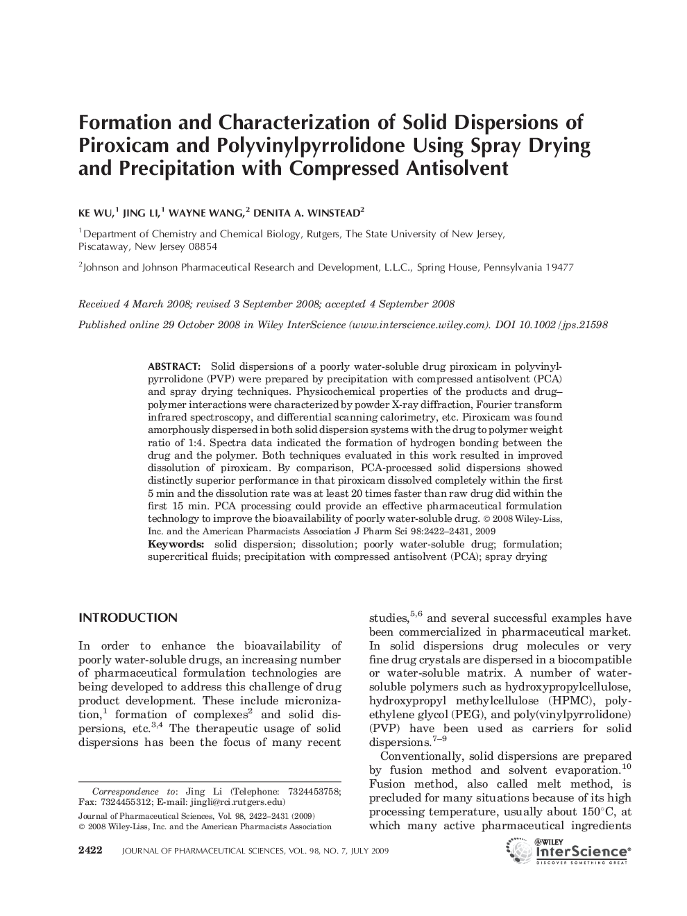 Formation and characterization of solid dispersions of piroxicam and polyvinylpyrrolidone using spray drying and precipitation with compressed antisolvent