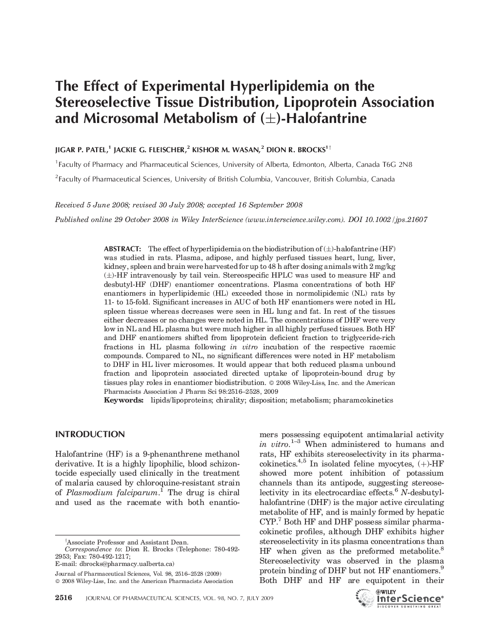 The effect of experimental hyperlipidemia on the stereoselective tissue distribution, lipoprotein association and microsomal metabolism of (Â±)-halofantrine