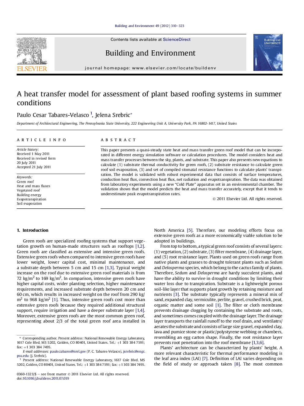 A heat transfer model for assessment of plant based roofing systems in summer conditions