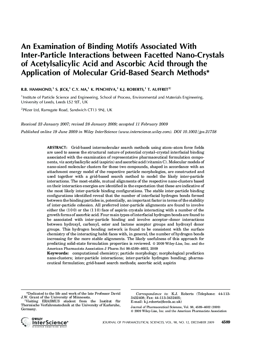 An examination of binding motifs associated with inter-particle interactions between facetted nano-crystals of acetylsalicylic acid and ascorbic acid through the application of molecular grid-based search methods