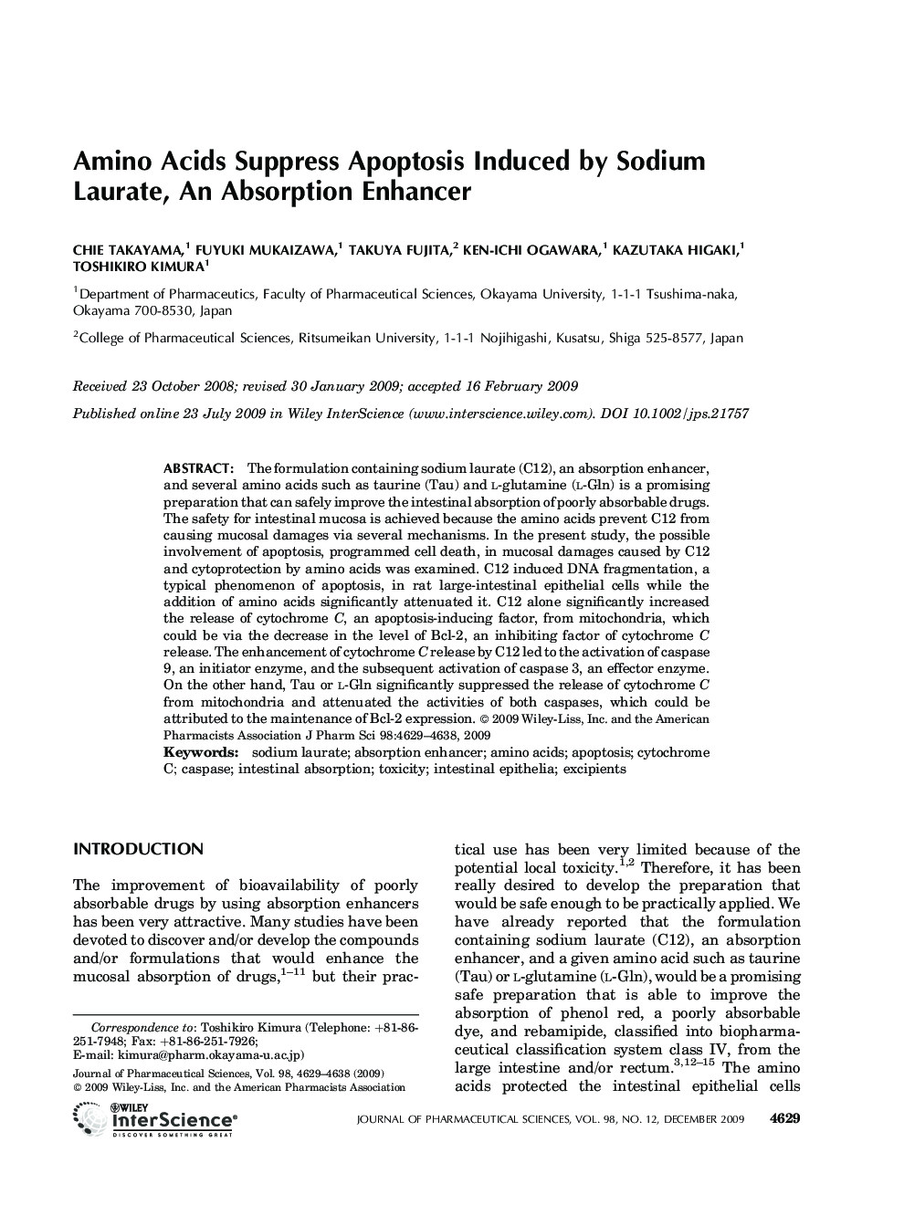 Amino acids suppress apoptosis induced by sodium laurate, an absorption enhancer