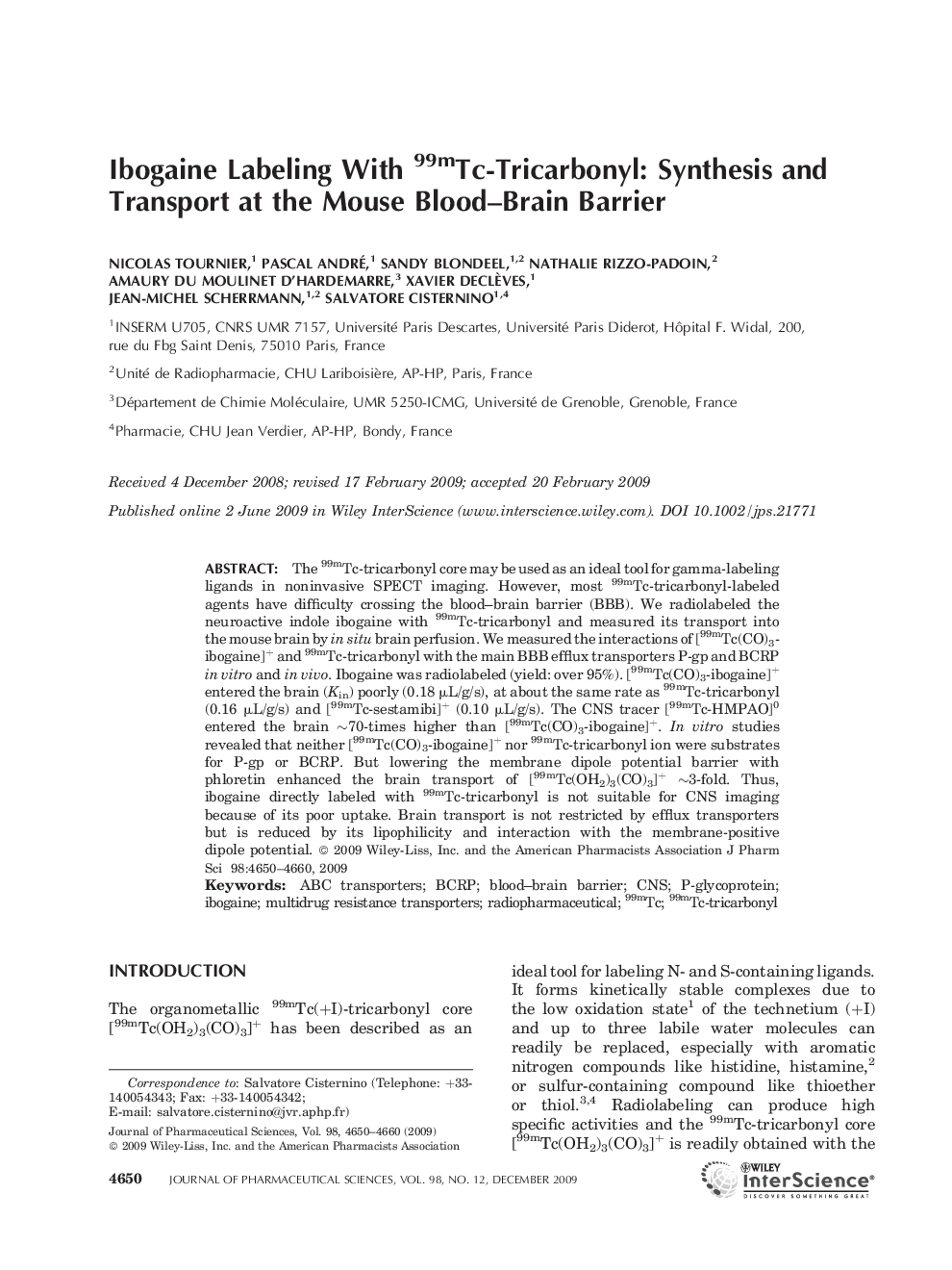 Ibogaine labeling with 99mTc-tricarbonyl: Synthesis and transport at the mouse blood-brain barrier