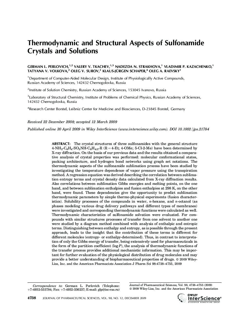 عکس صفحه اول مقاله: Thermodynamic and structural aspects of sulfonamide crystals and solutions Thermodynamic and structural aspects of sulfonamide crystals and solutions