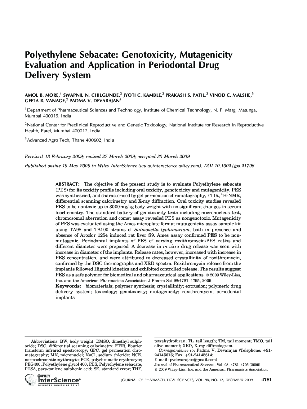 Polyethylene sebacate: Genotoxicity, mutagenicity evaluation and application in periodontal drug delivery system