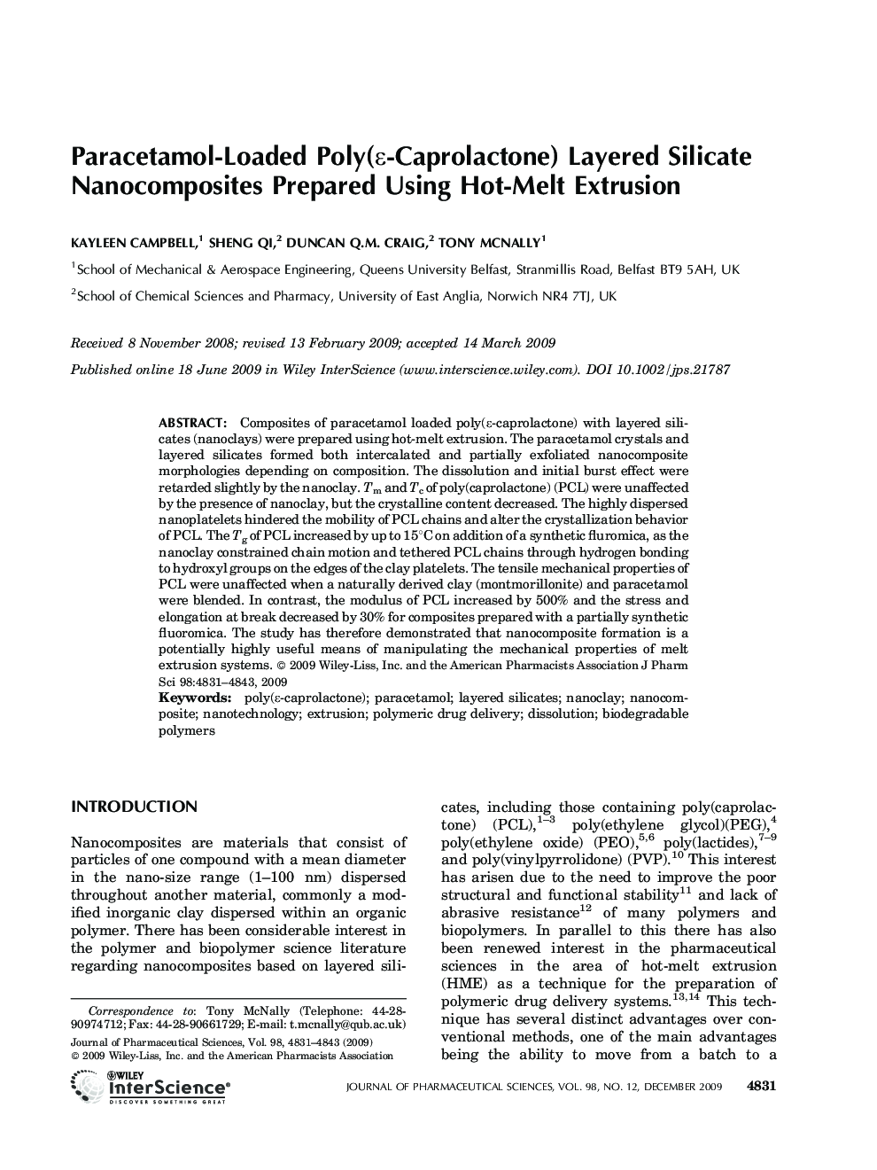 Paracetamol-loaded poly(Îµ-caprolactone) layered silicate nanocomposites prepared using hot-melt extrusion