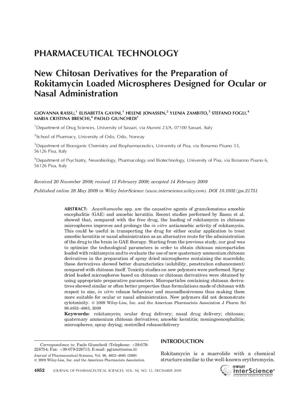 New chitosan derivatives for the preparation of rokitamycin loaded microspheres designed for ocular or nasal administration