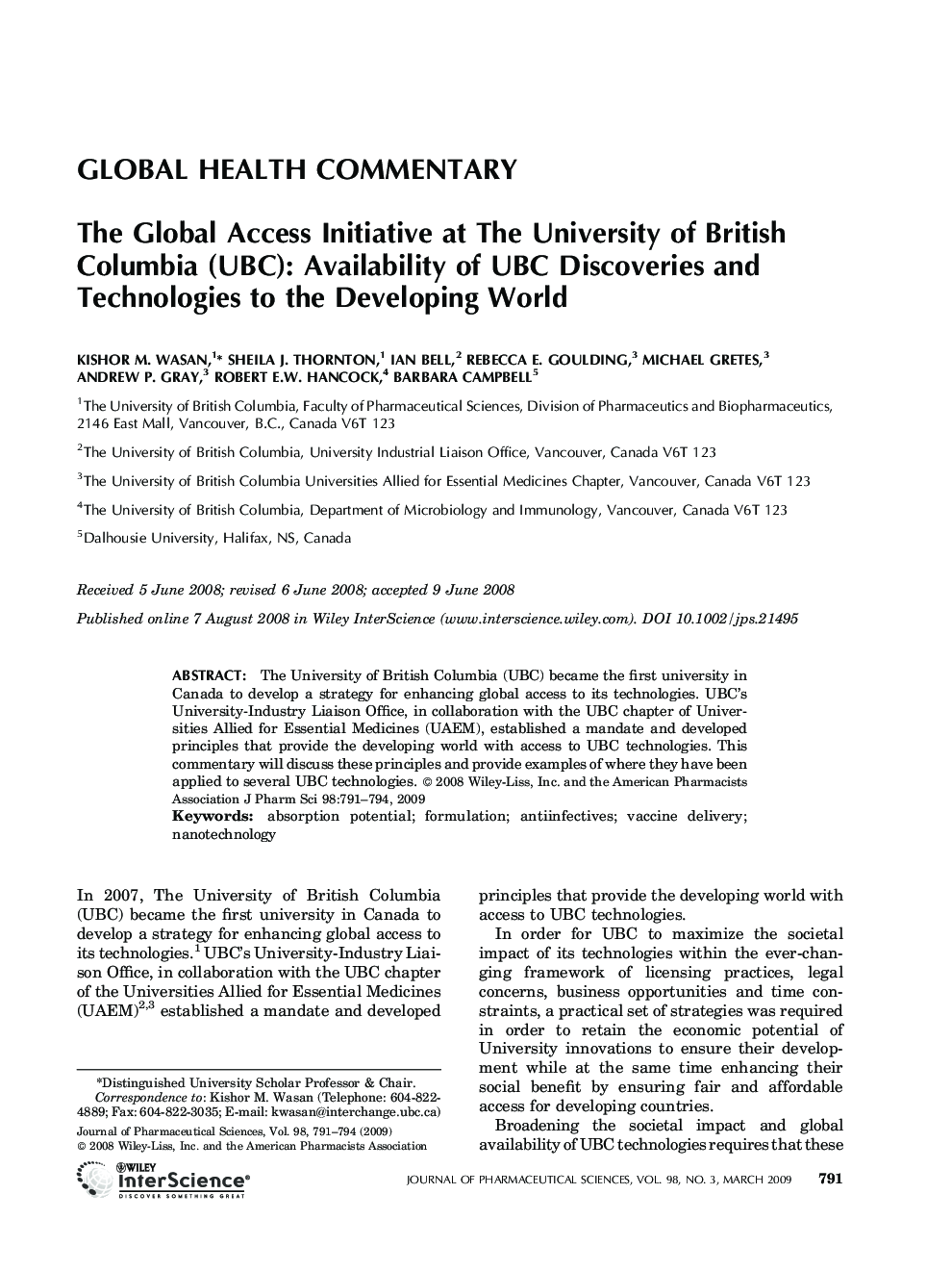 The Global Access Initiative at the University of British Columbia (UBC): Availability of UBC Discoveries and Technologies to the Developing World
