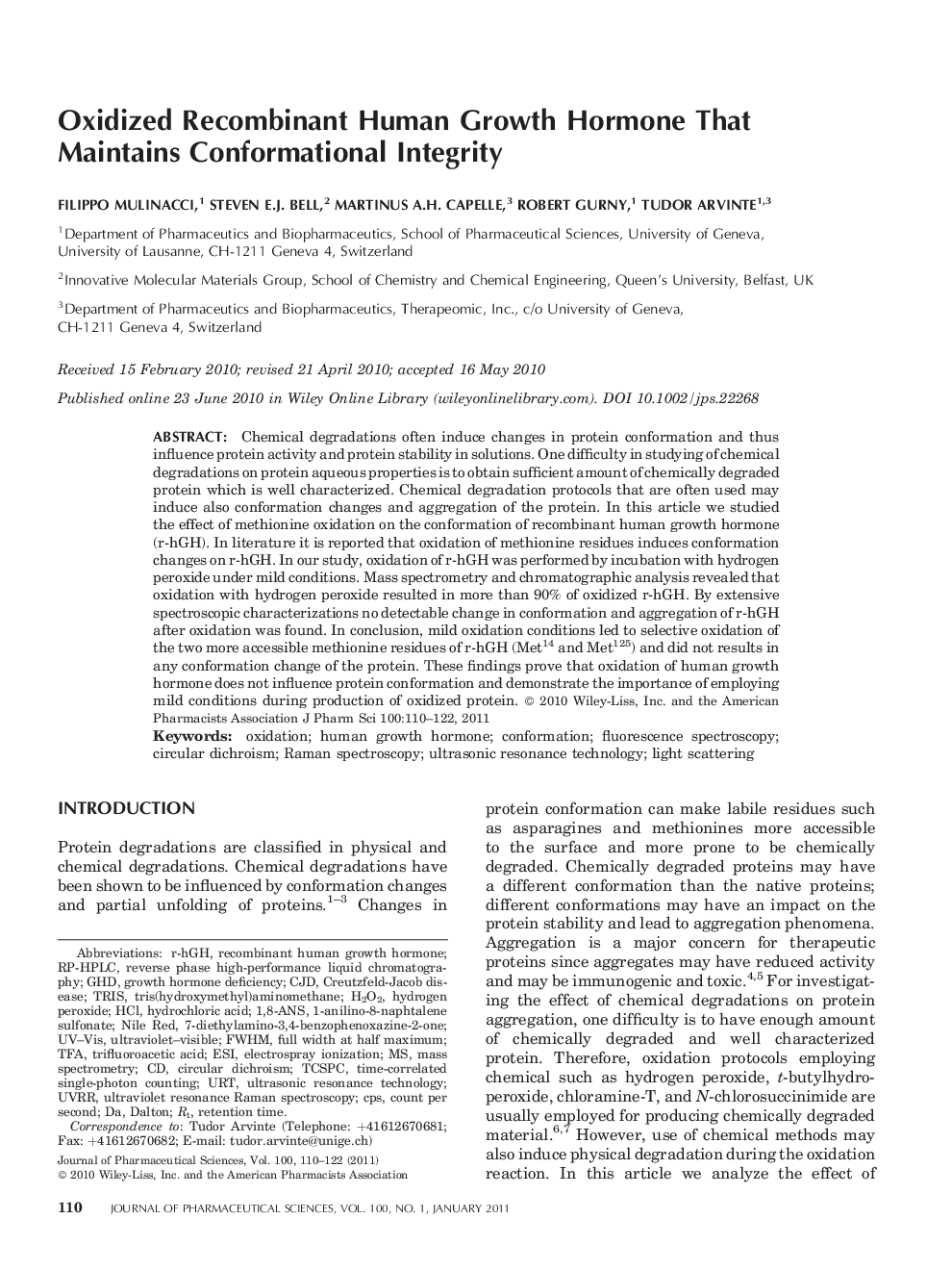 Oxidized Recombinant Human Growth Hormone That Maintains Conformational Integrity