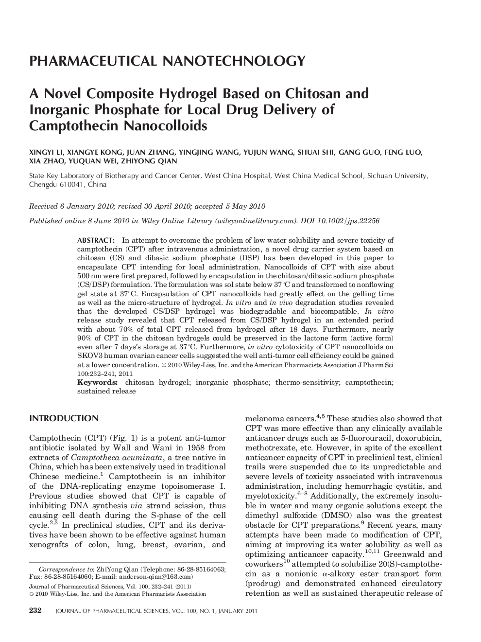 PHARMACEUTICAL NANOTECHNOLOGY: A Novel Composite Hydrogel Based on Chitosan and Inorganic Phosphate for Local Drug Delivery of Camptothecin Nanocolloids