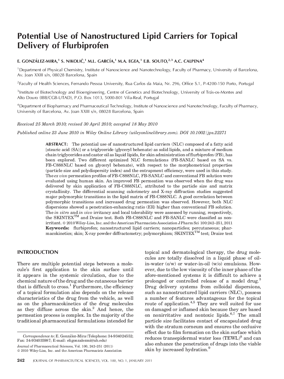 Potential Use of Nanostructured Lipid Carriers for Topical Delivery of Flurbiprofen