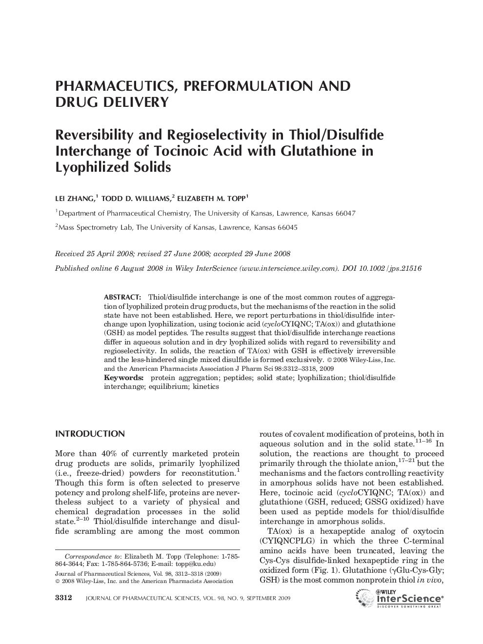 Reversibility and regioselectivity in thiol/disulfide interchange of tocinoic acid with glutathione in lyophilized solids