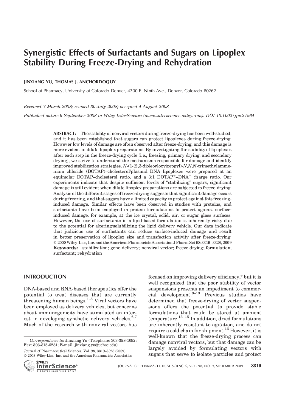 Synergistic effects of surfactants and sugars on lipoplex stability during freeze-drying and rehydration