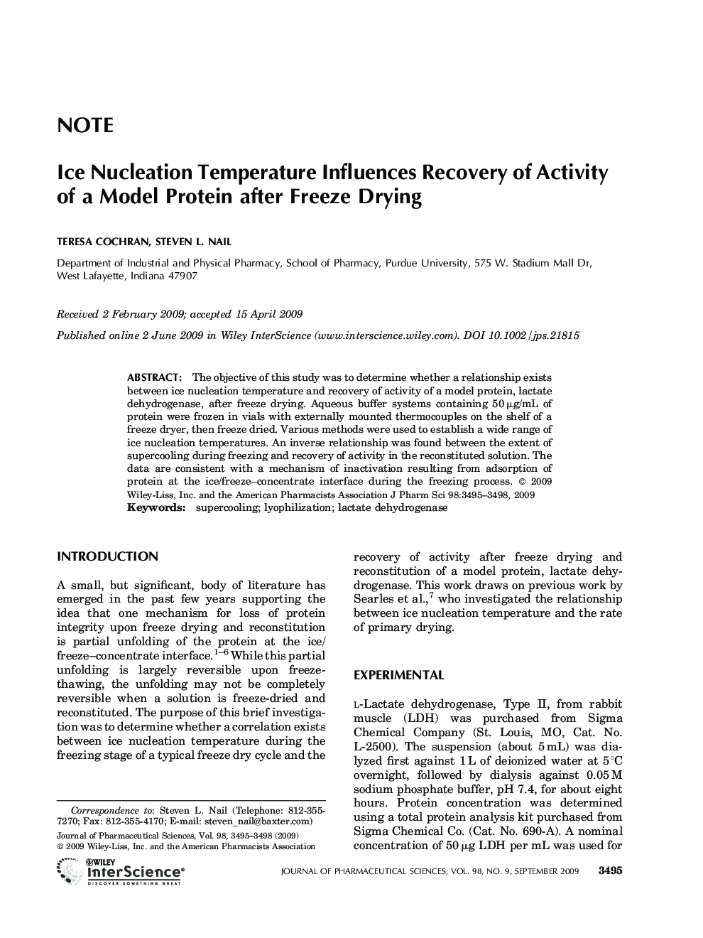 Ice nucleation temperature influences recovery of activity of a model protein after freeze drying