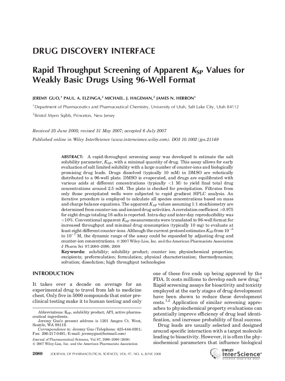 Rapid Throughput Screening of Apparent KSP values for Weakly Basic Drugs Using 96-Well Format