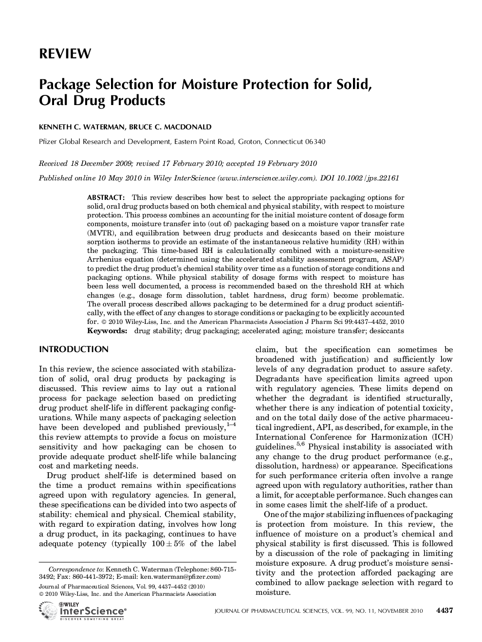 Package Selection for Moisture Protection for Solid, Oral Drug Products