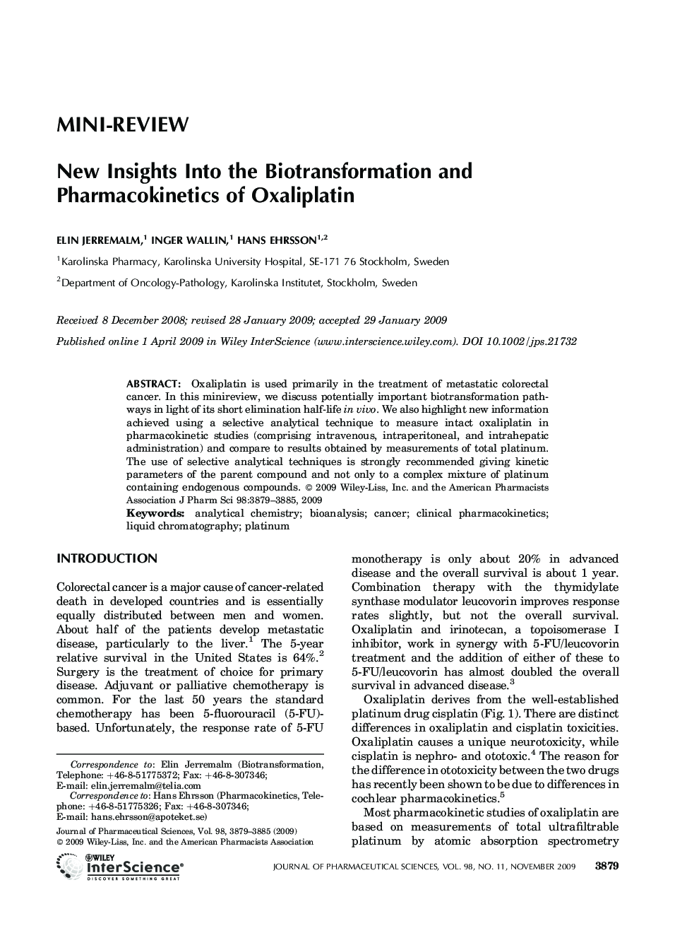 New insights into the biotransformation and pharmacokinetics of oxaliplatin