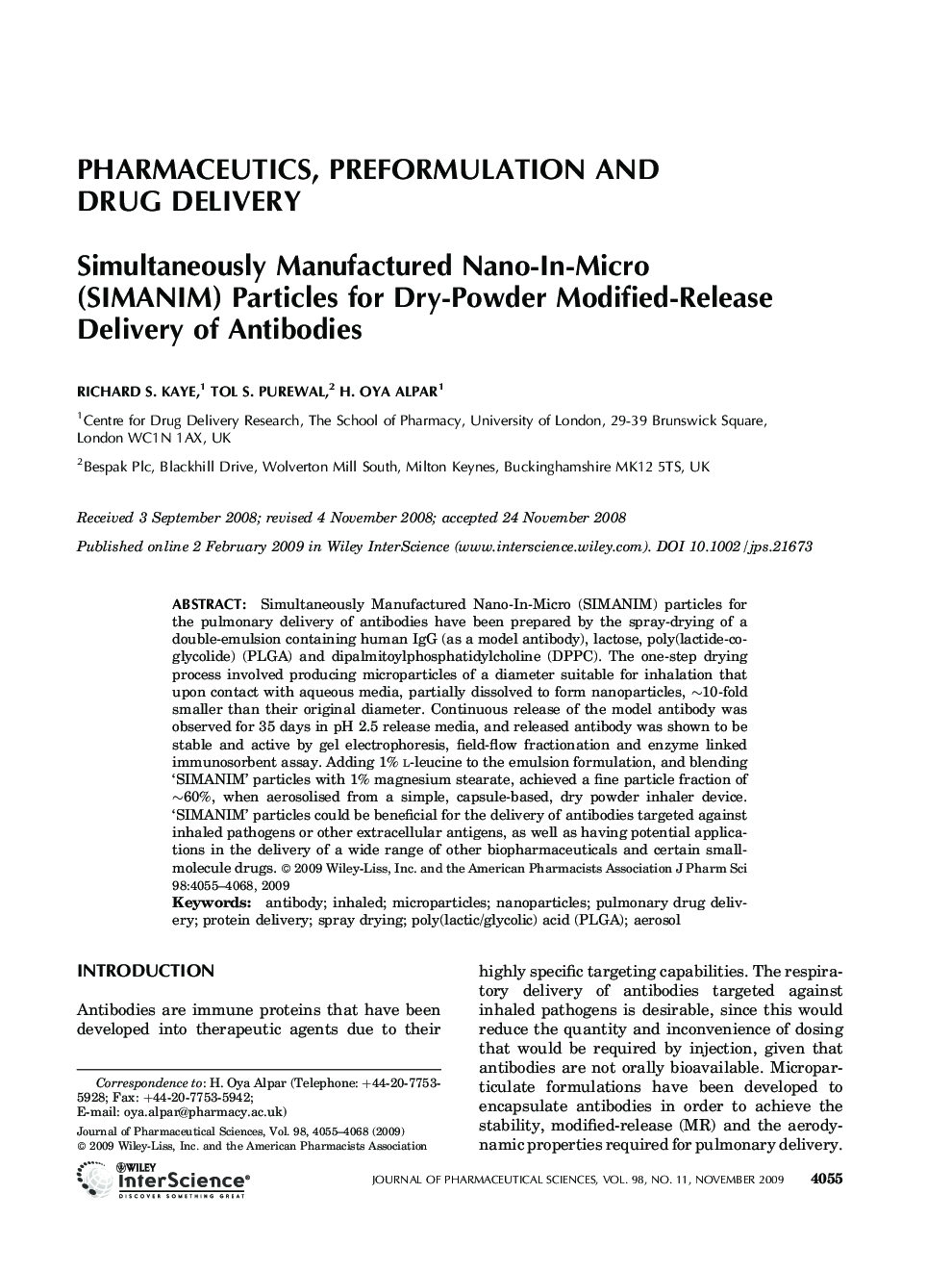 Simultaneously manufactured nano-in-micro (SIMANIM) particles for dry-powder modified-release delivery of antibodies