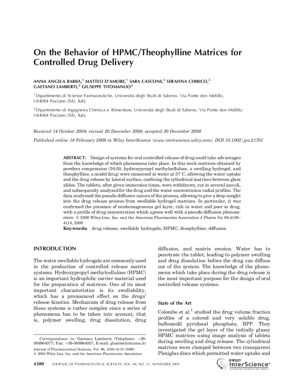 On the Behavior of HPMC/Theophylline Matrices for Controlled Drug Delivery