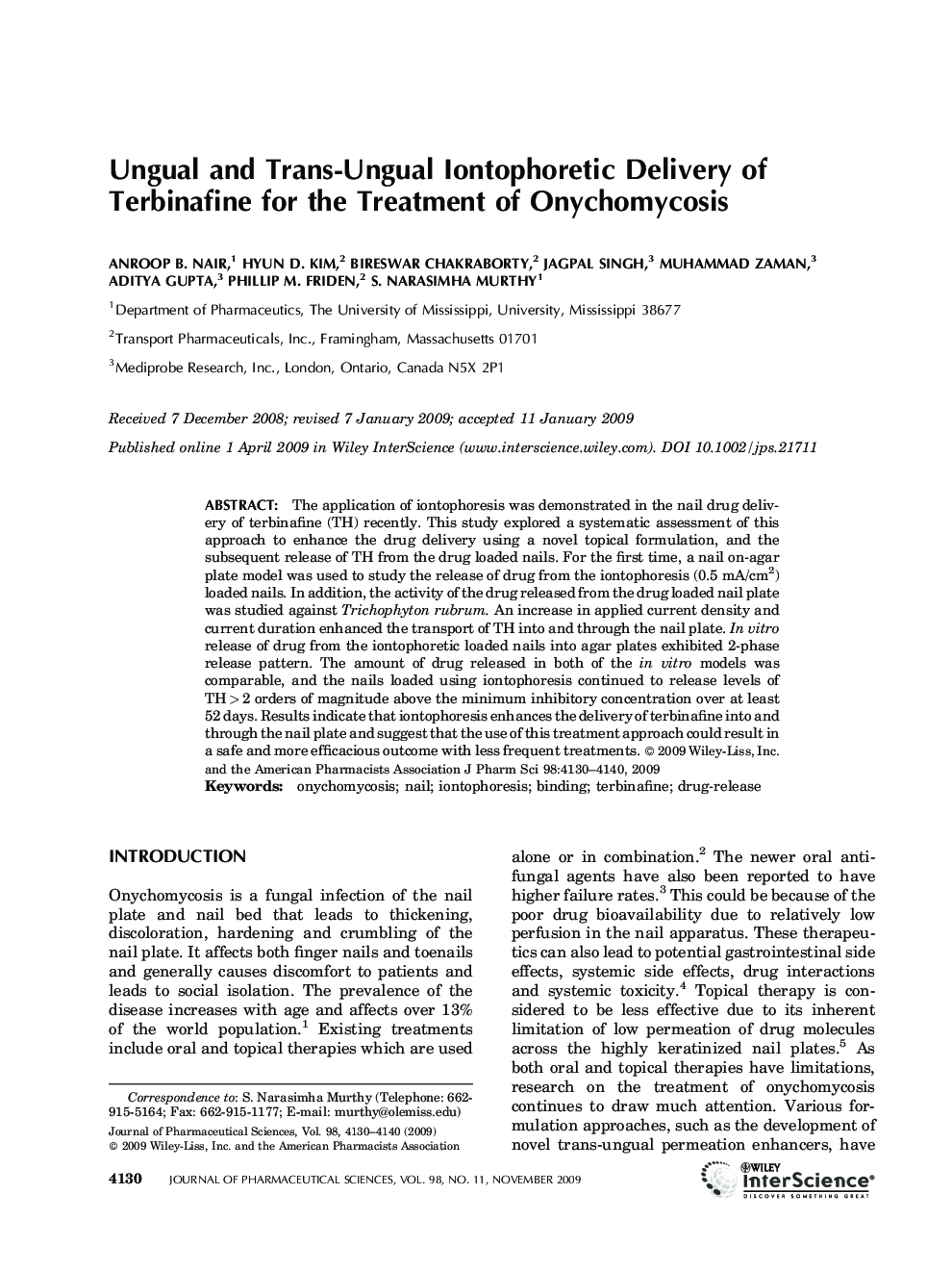 Ungual and trans-ungual iontophoretic delivery of terbinafine for the treatment of onychomycosis