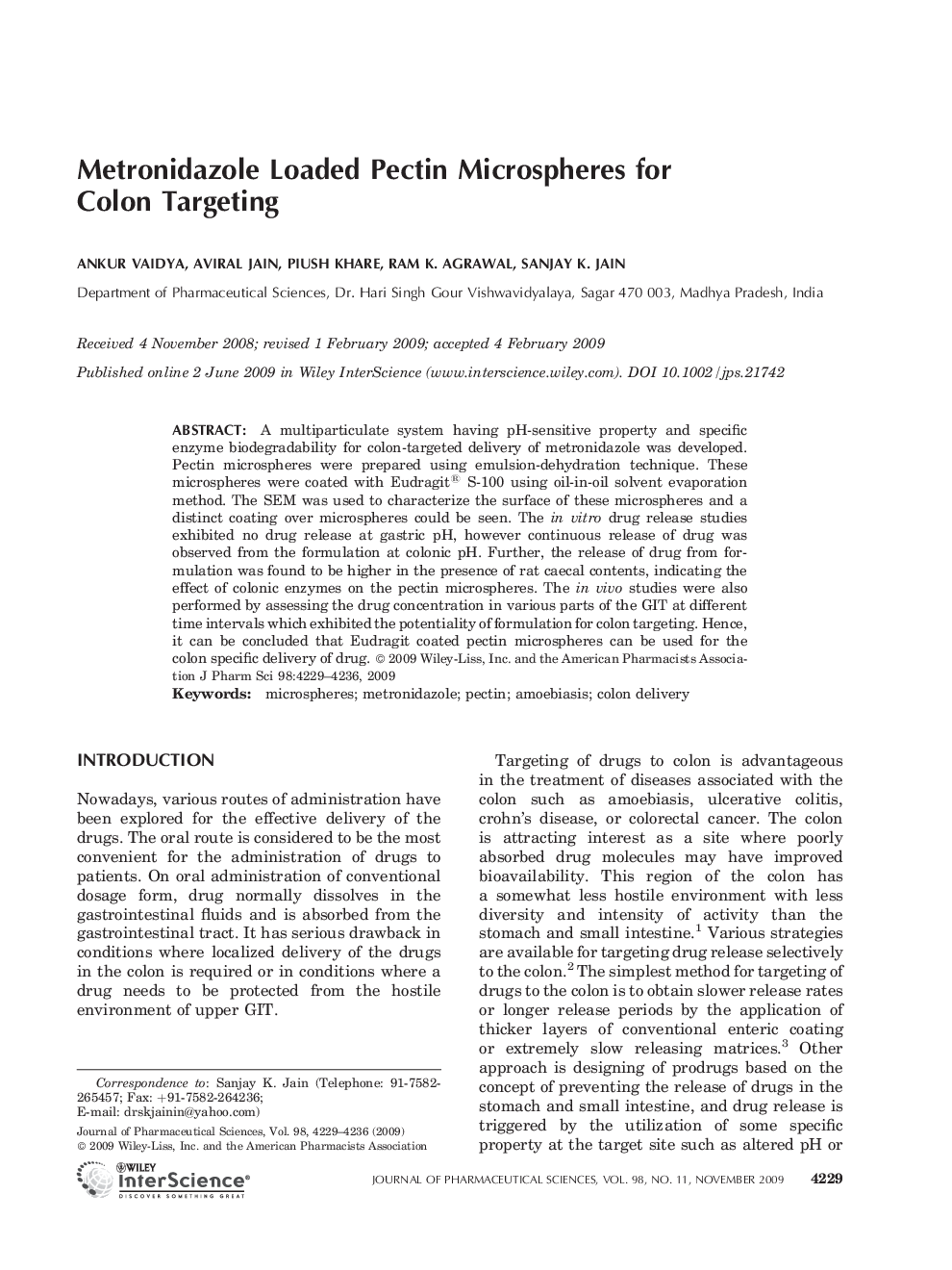 Metronidazole loaded pectin microspheres for colon targeting