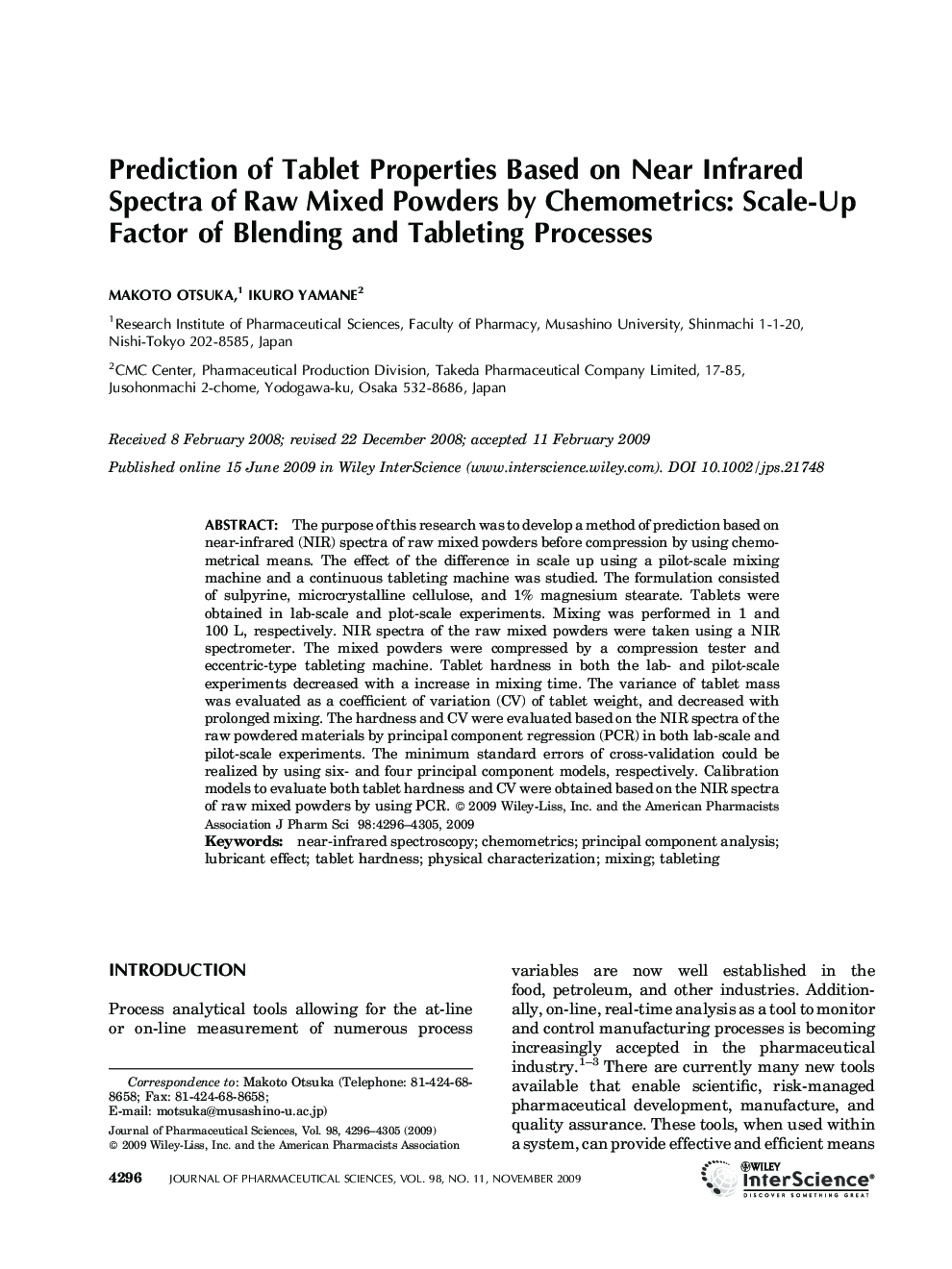 Prediction of tablet properties based on near infrared spectra of raw mixed powders by chemometrics: Scale-up factor of blending and tableting processes