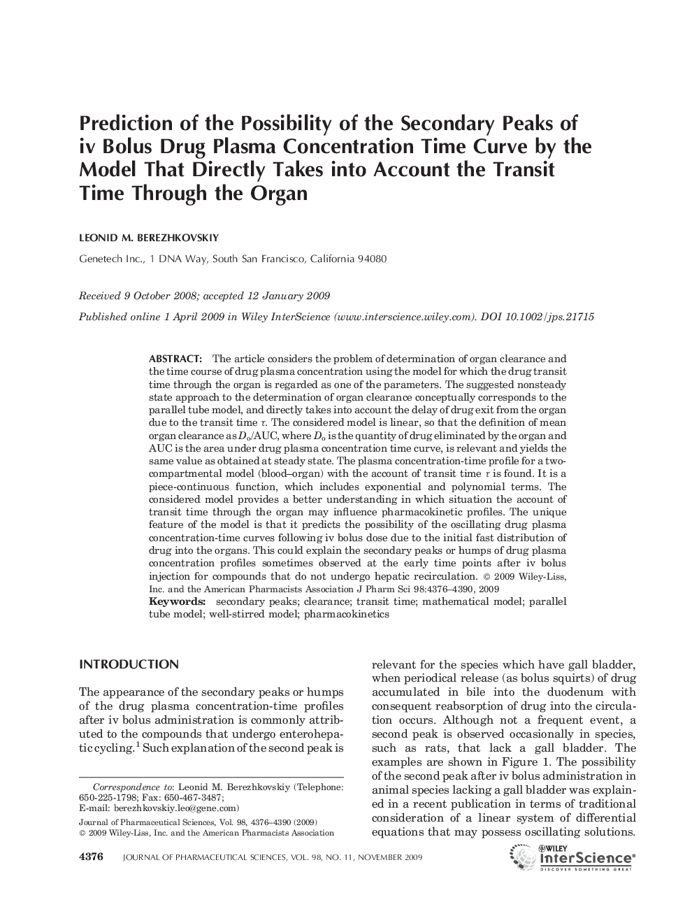 Prediction of the possibility of the secondary peaks of iv bolus drug plasma concentration time curve by the model that directly takes into account the transit time through the organ