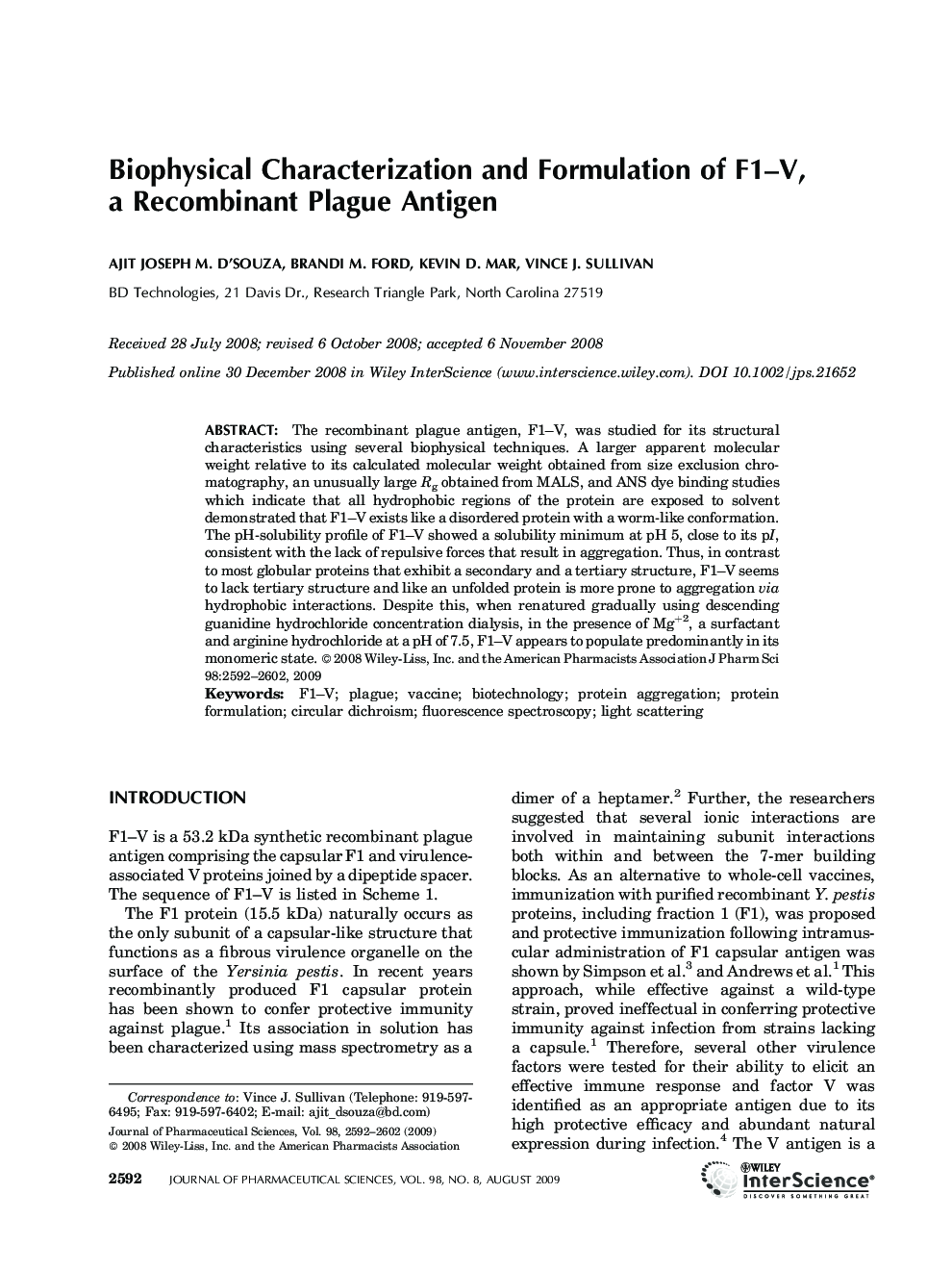 Biophysical Characterization and Formulation of F1-V, a Recombinant Plague Antigen