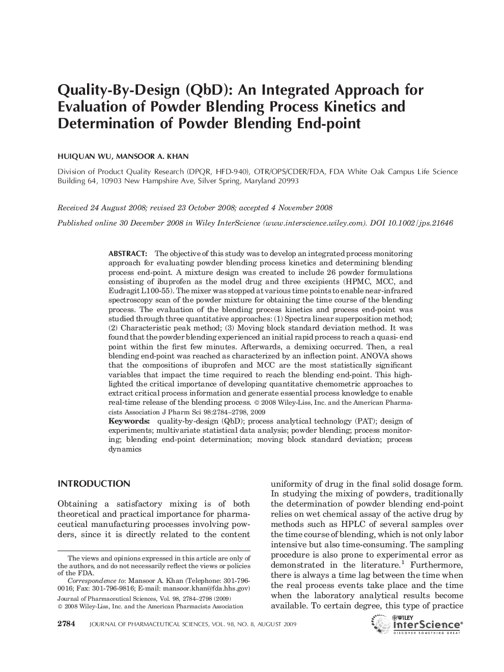 Quality-By-Design (QbD): An Integrated Approach for Evaluation of Powder Blending Process Kinetics and Determination of Powder Blending End-point