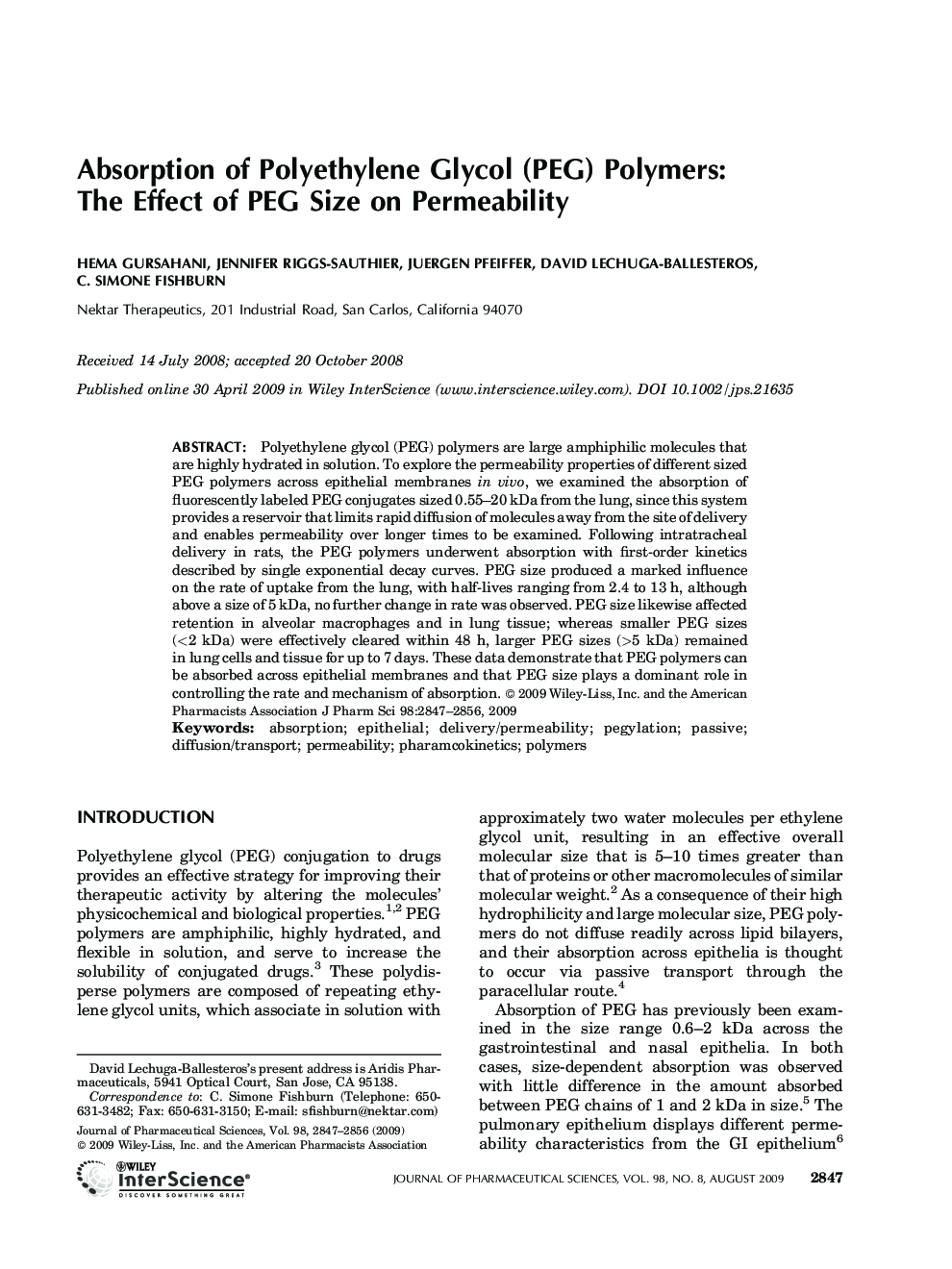 Absorption of Polyethylene Glycol (PEG) Polymers: The Effect of PEG Size on Permeability