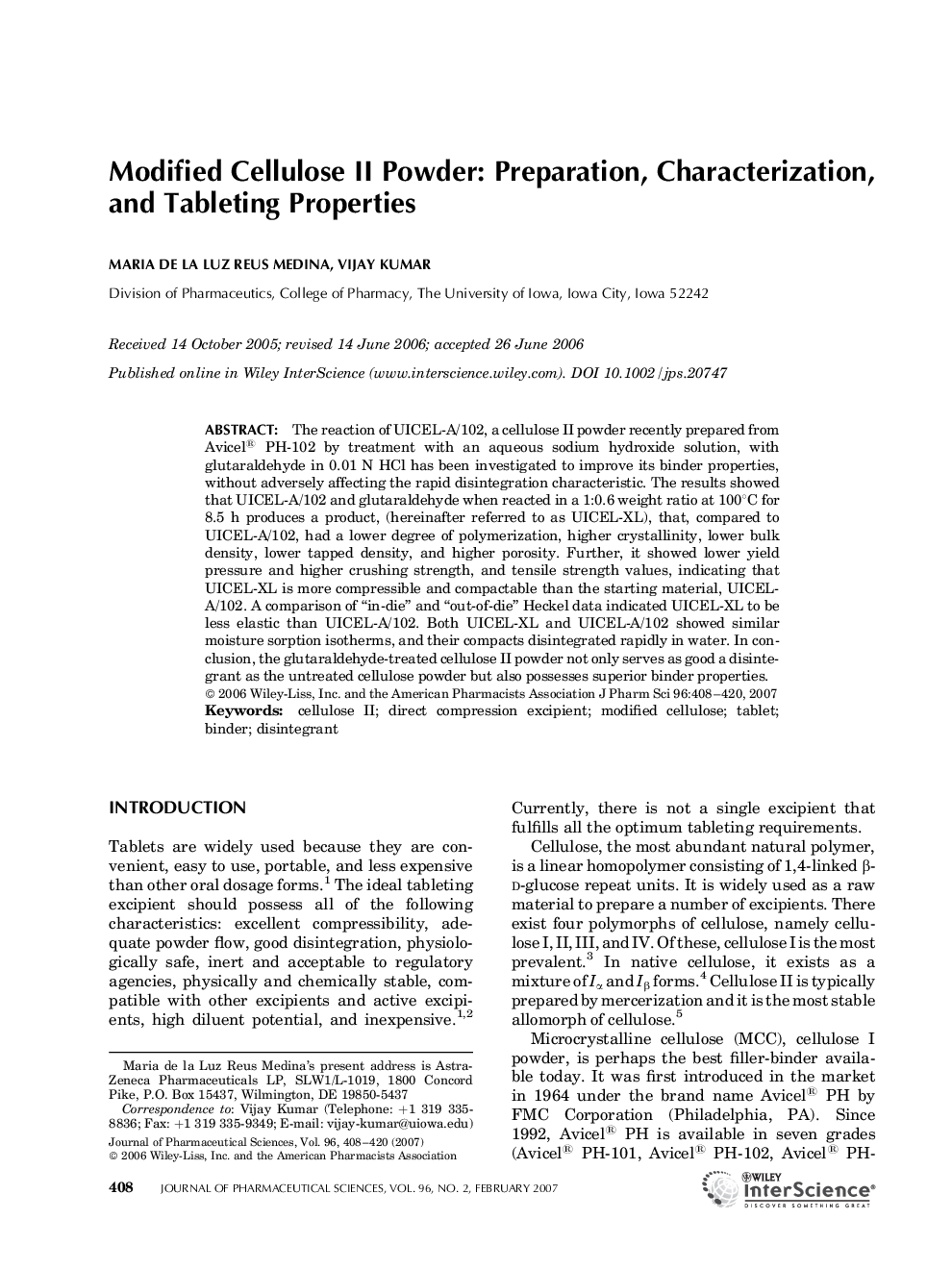 Modified Cellulose II Powder: Preparation, Characterization, and Tableting Properties