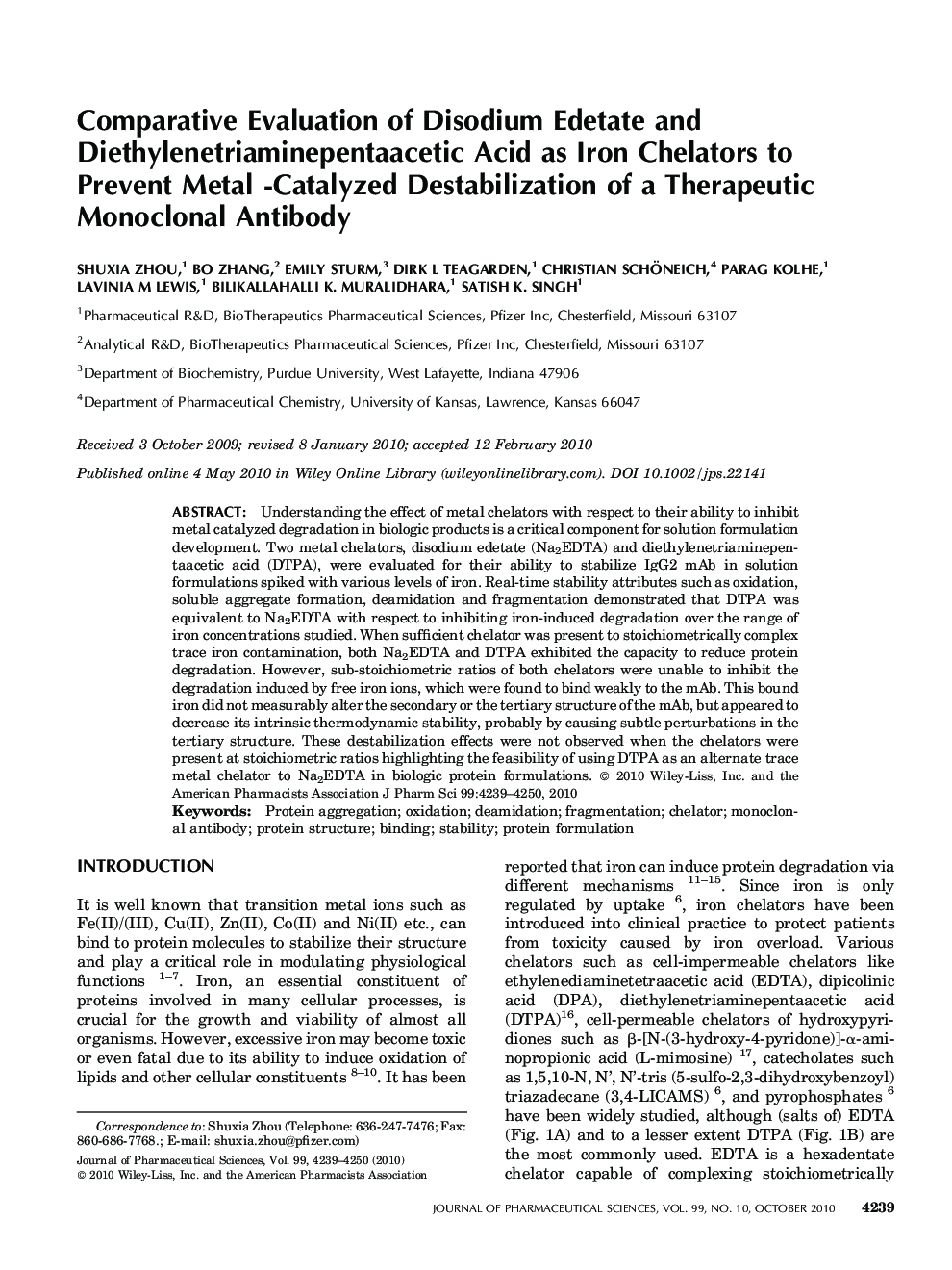 Comparative Evaluation of Disodium Edetate and Diethylenetriaminepentaacetic Acid as Iron Chelators to Prevent Metal -Catalyzed Destabilization of a Therapeutic Monoclonal Antibody