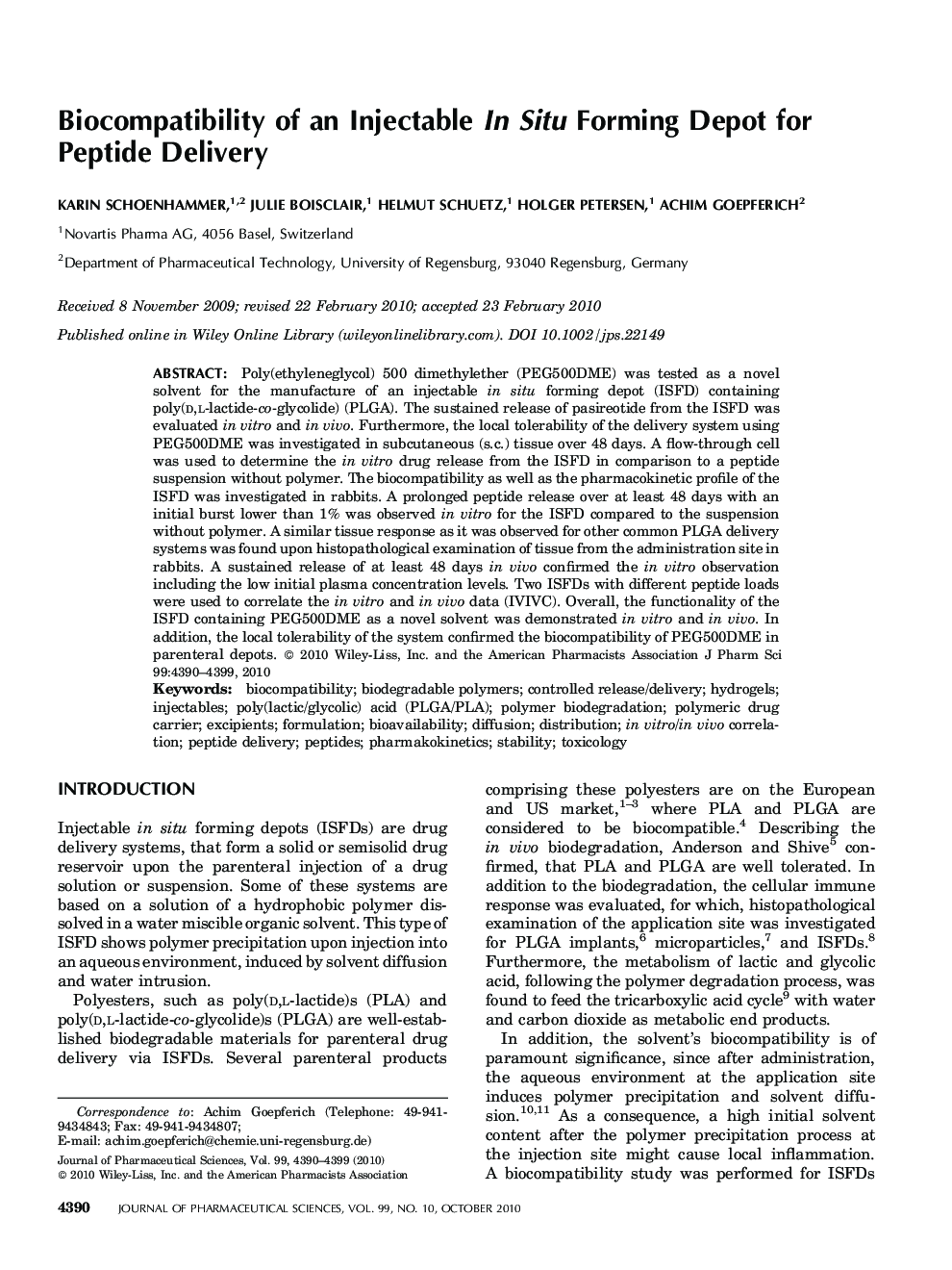 Biocompatibility of an Injectable In Situ Forming Depot for Peptide Delivery