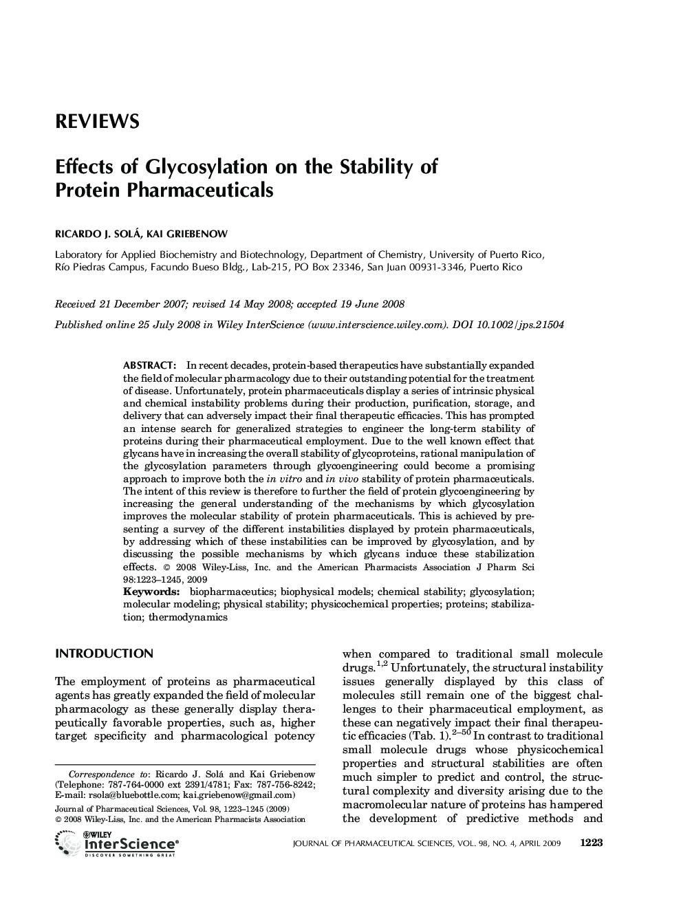 Effects of glycosylation on the stability of protein pharmaceuticals