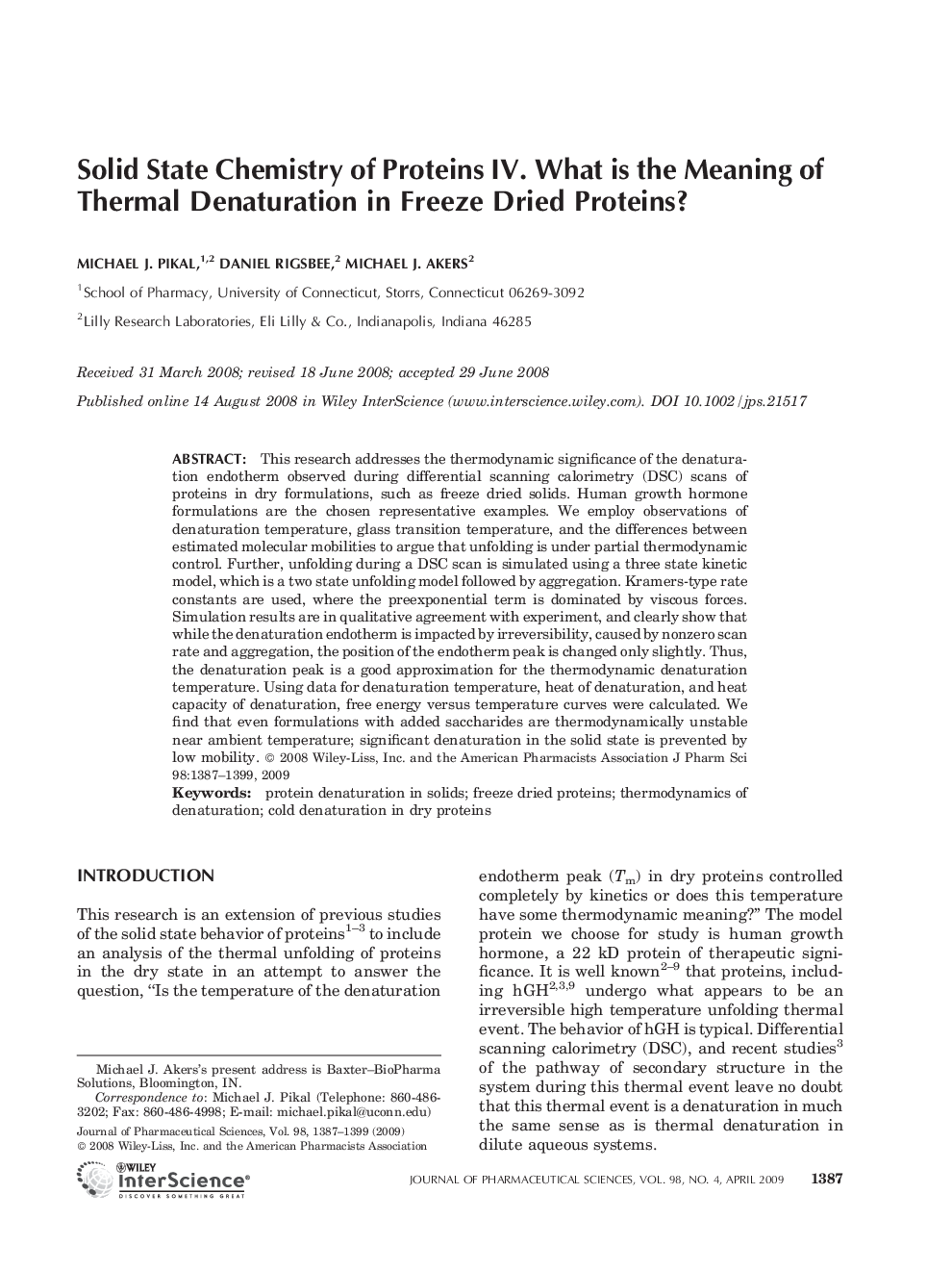 Solid state chemistry of proteins IV. what is the meaning of thermal denaturation in freeze dried proteins?