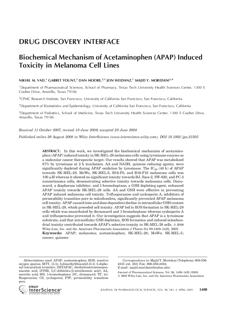 Biochemical Mechanism of Acetaminophen (APAP) Induced Toxicity in Melanoma Cell Lines