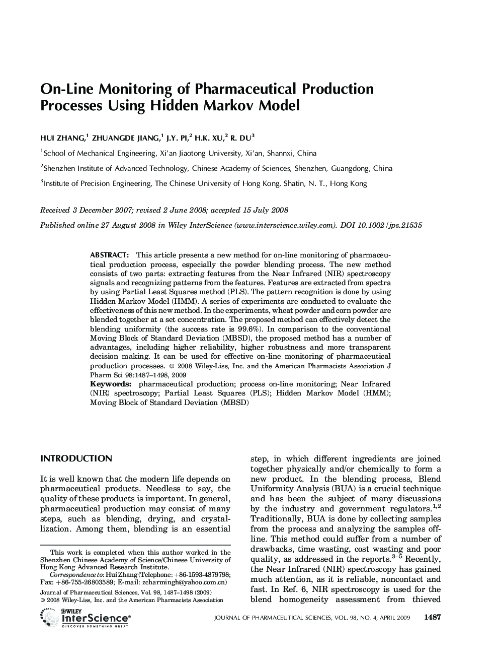 On-Line Monitoring of Pharmaceutical Production Processes Using Hidden Markov Model