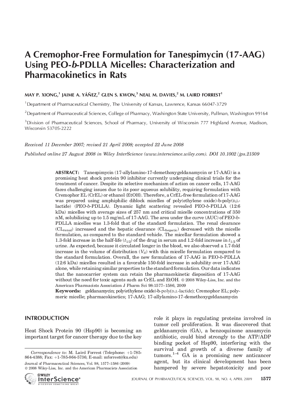 A Cremophor-Free Formulation for Tanespimycin (17-AAG) Using PEO-b-PDLLA Micelles: Characterization and Pharmacokinetics in Rats