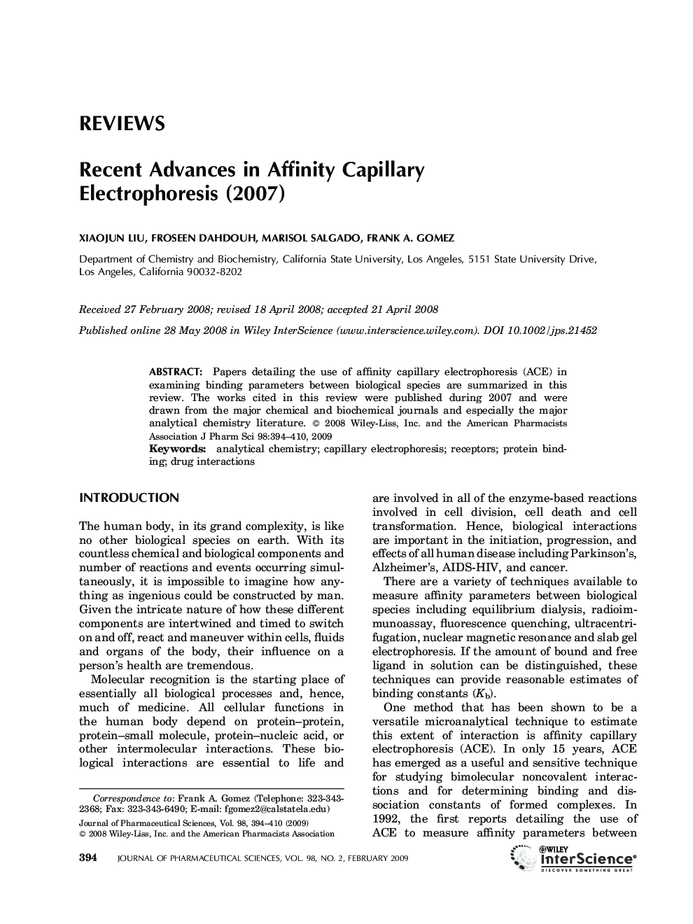 Recent Advances in Affinity Capillary Electrophoresis (2007)