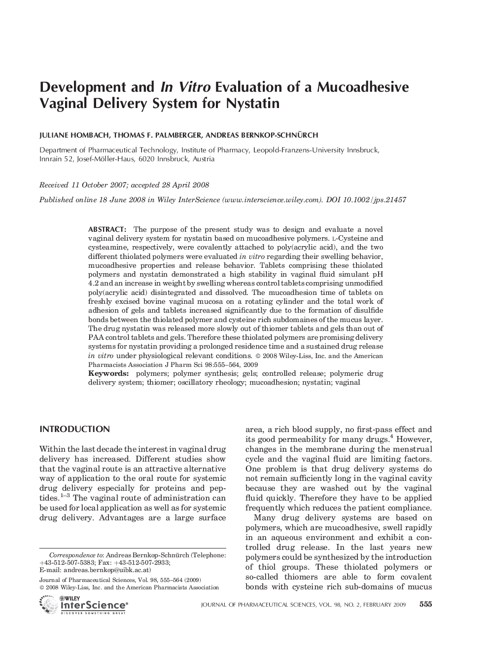 Development and In Vitro Evaluation of a Mucoadhesive Vaginal Delivery System for Nystatin