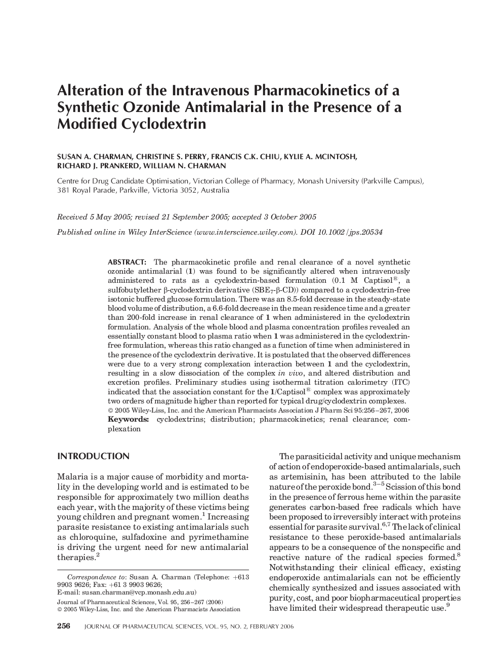 Alteration of the intravenous pharmacokinetics of a synthetic ozonide antimalarial in the presence of a modified cyclodextrin