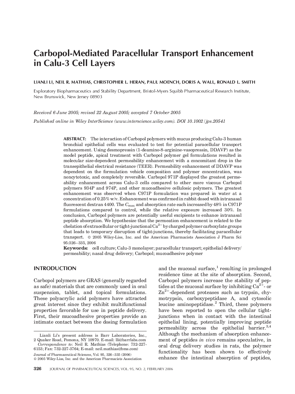 Carbopol-mediated paracellular transport enhancement in Calu-3 cell layers