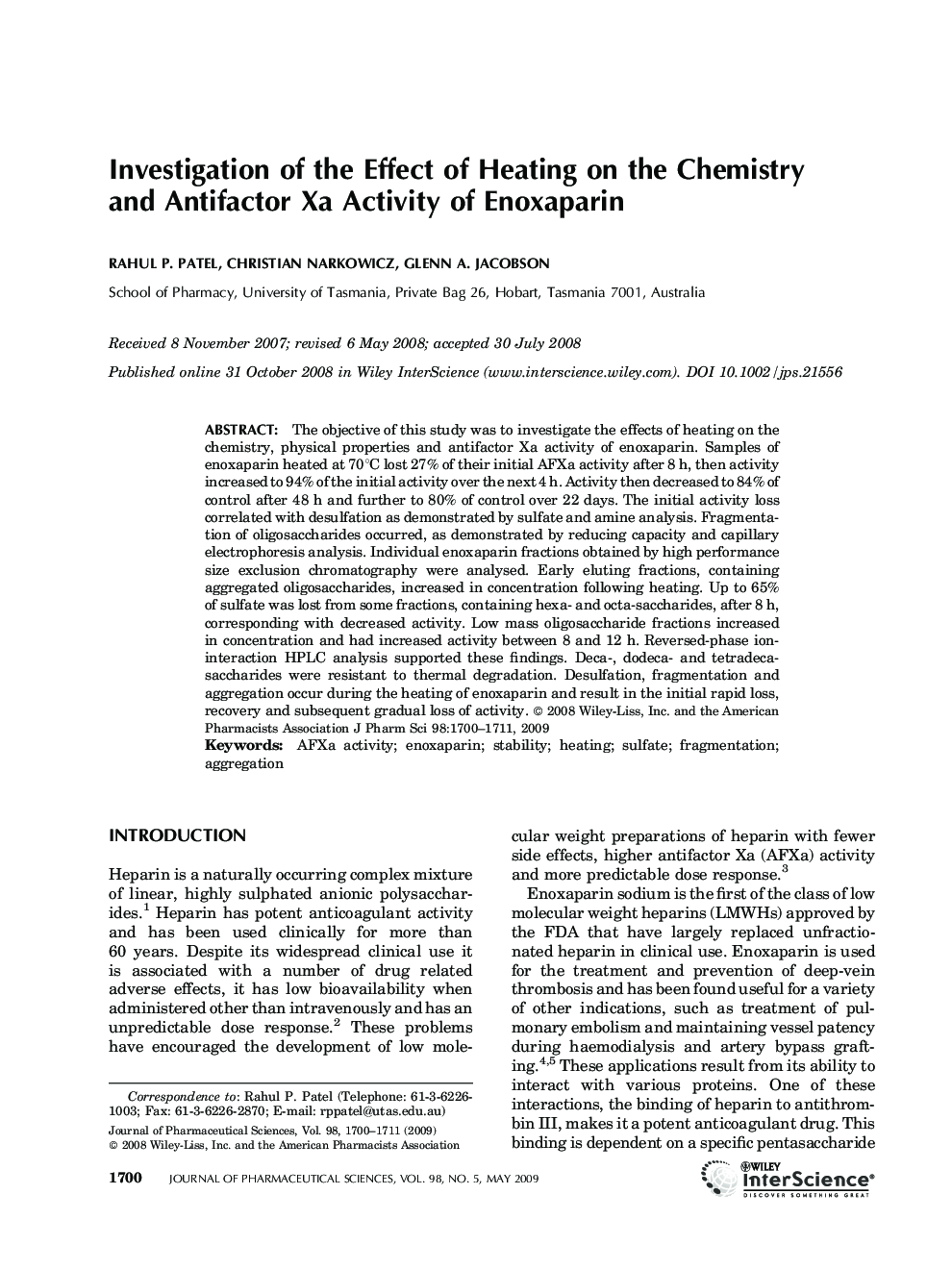 Investigation of the Effect of Heating on the Chemistry and Antifactor Xa Activity of Enoxaparin