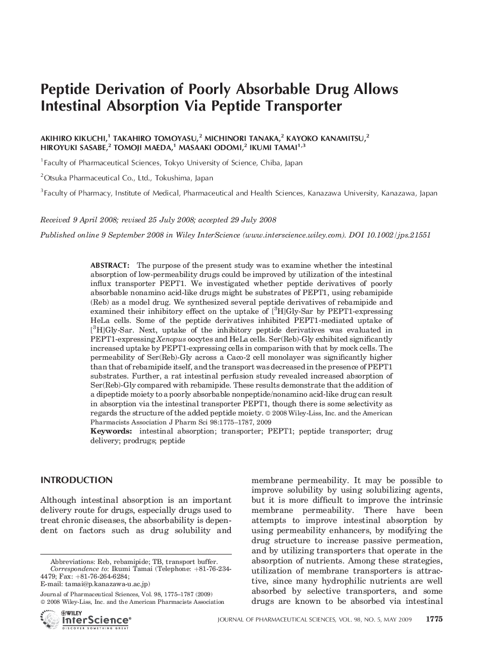 Peptide Derivation of Poorly Absorbable Drug Allows Intestinal Absorption Via Peptide Transporter