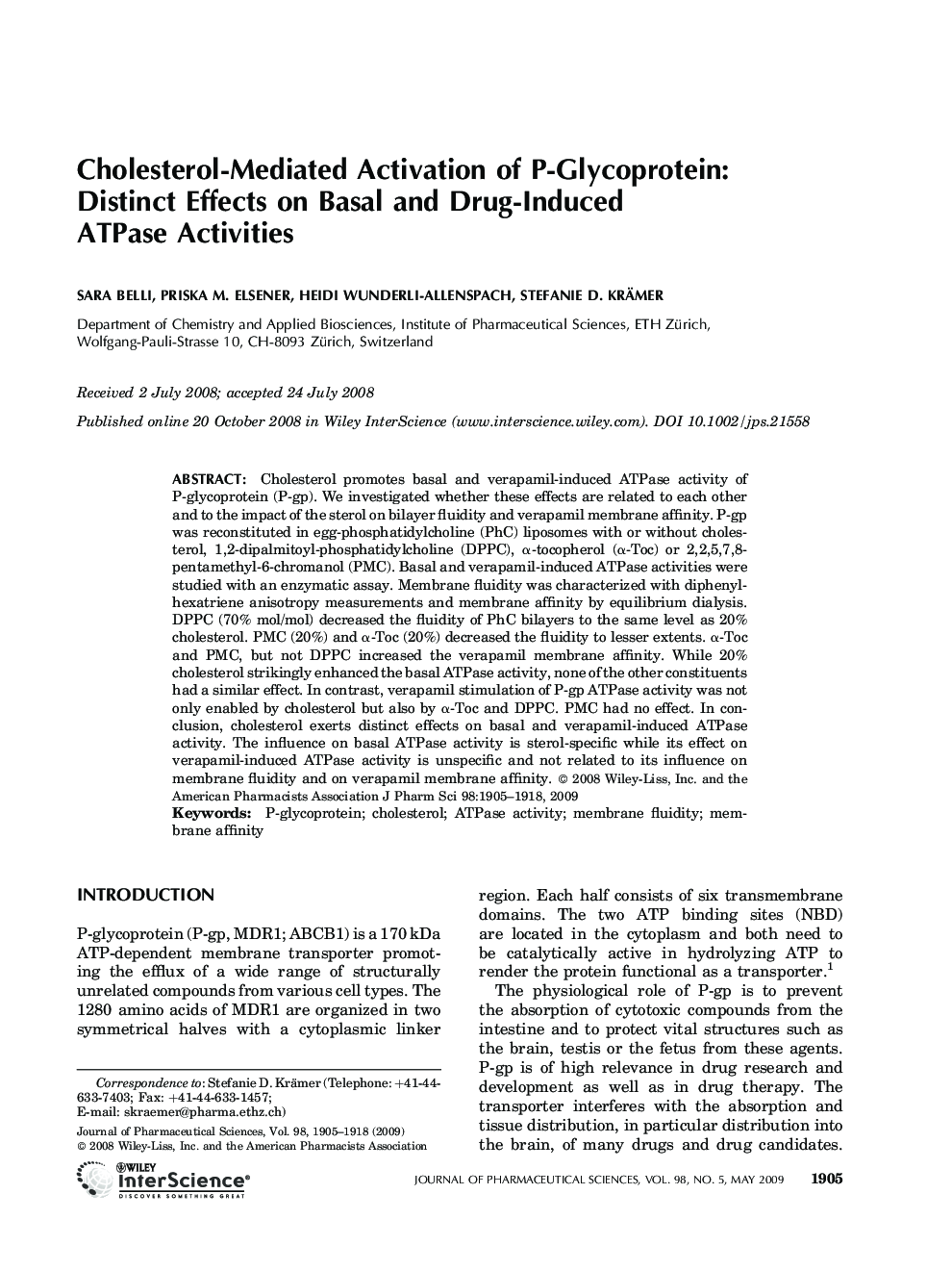 Cholesterol-Mediated Activation of P-Glycoprotein: Distinct Effects on Basal and Drug-Induced ATPase Activities