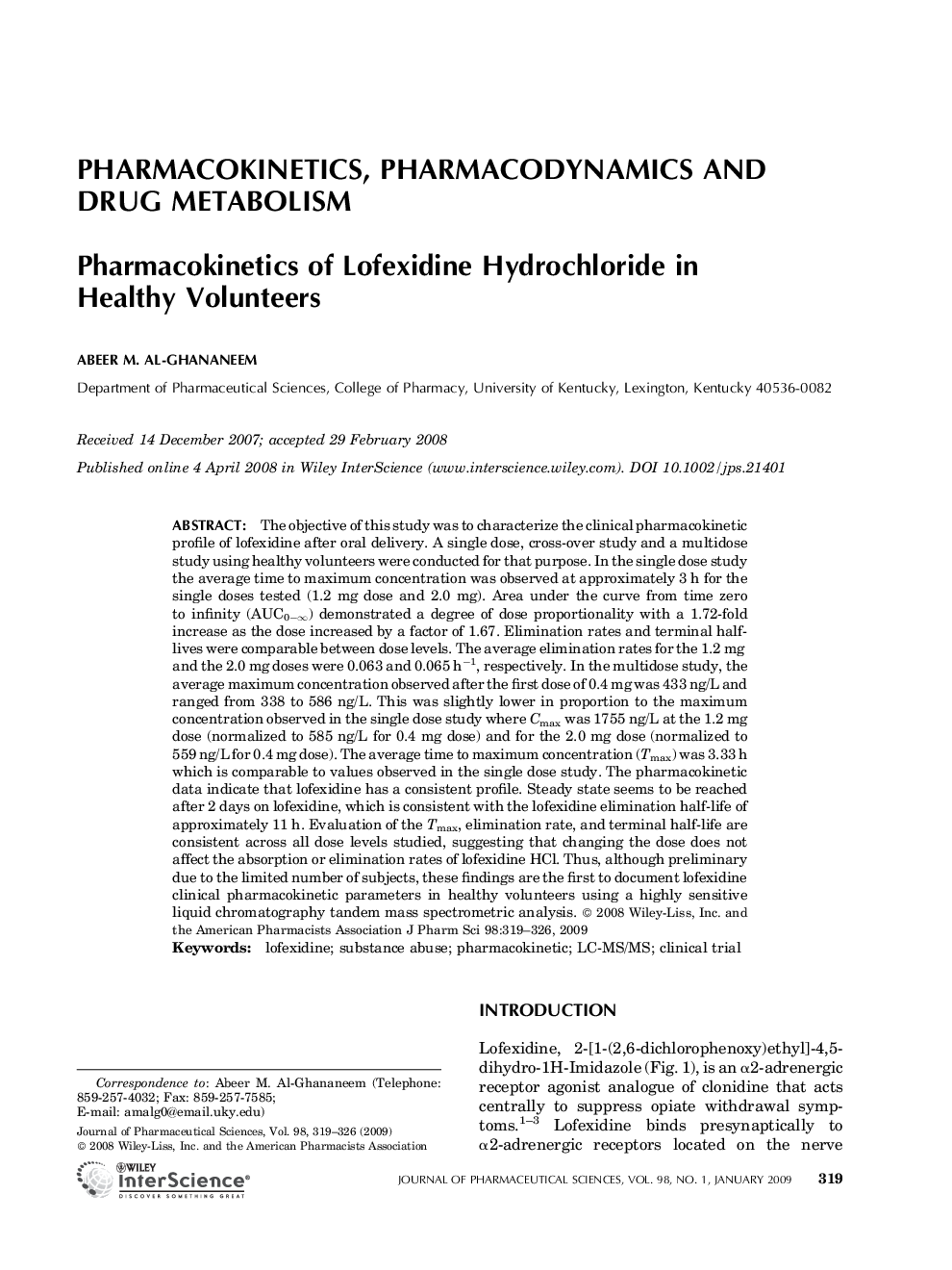 Pharmacokinetics of Lofexidine Hydrochloride in Healthy Volunteers