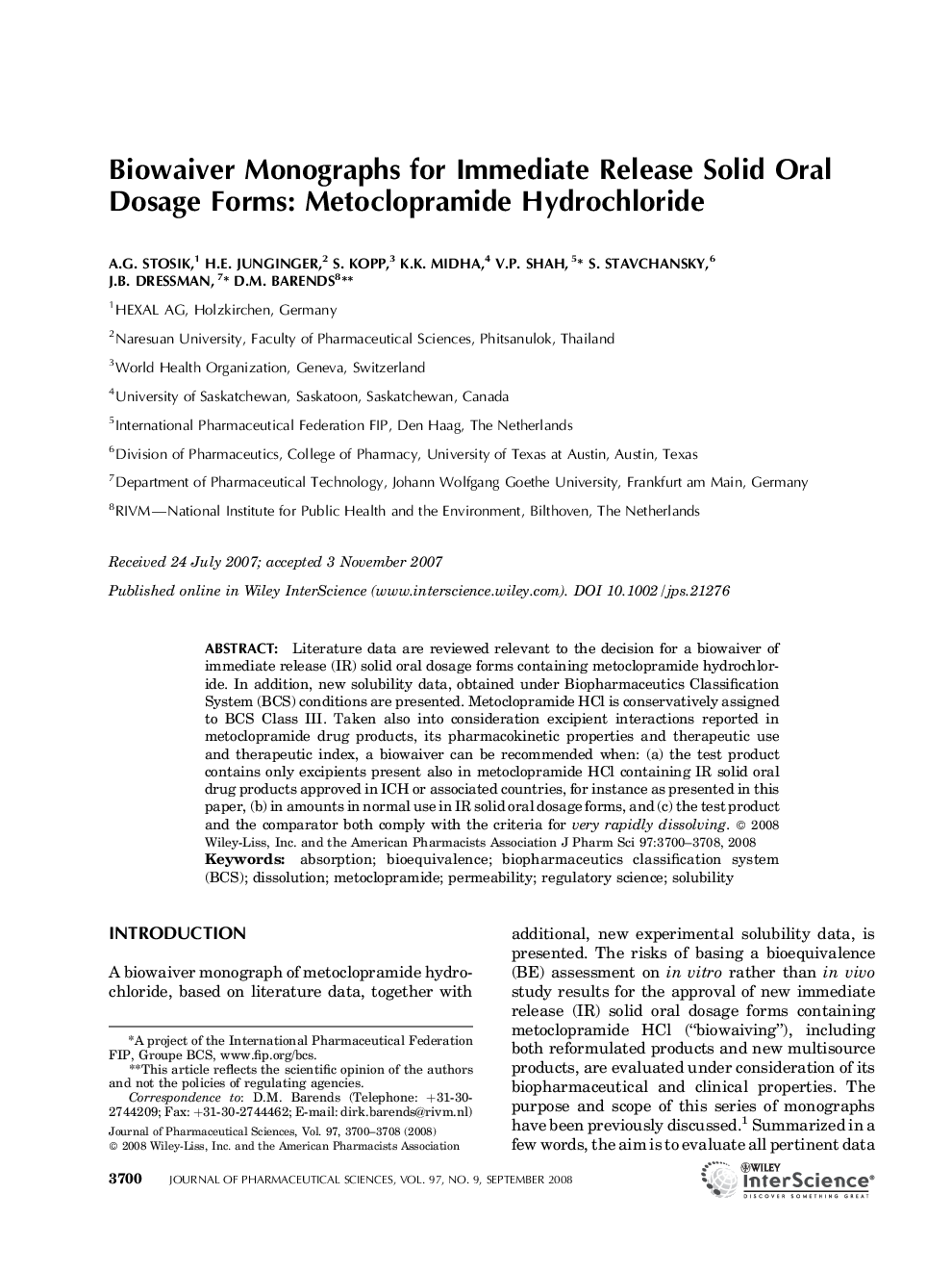 Biowaiver Monographs for Immediate Release Solid Oral Dosage forms: Metoclopramide Hydrochloride