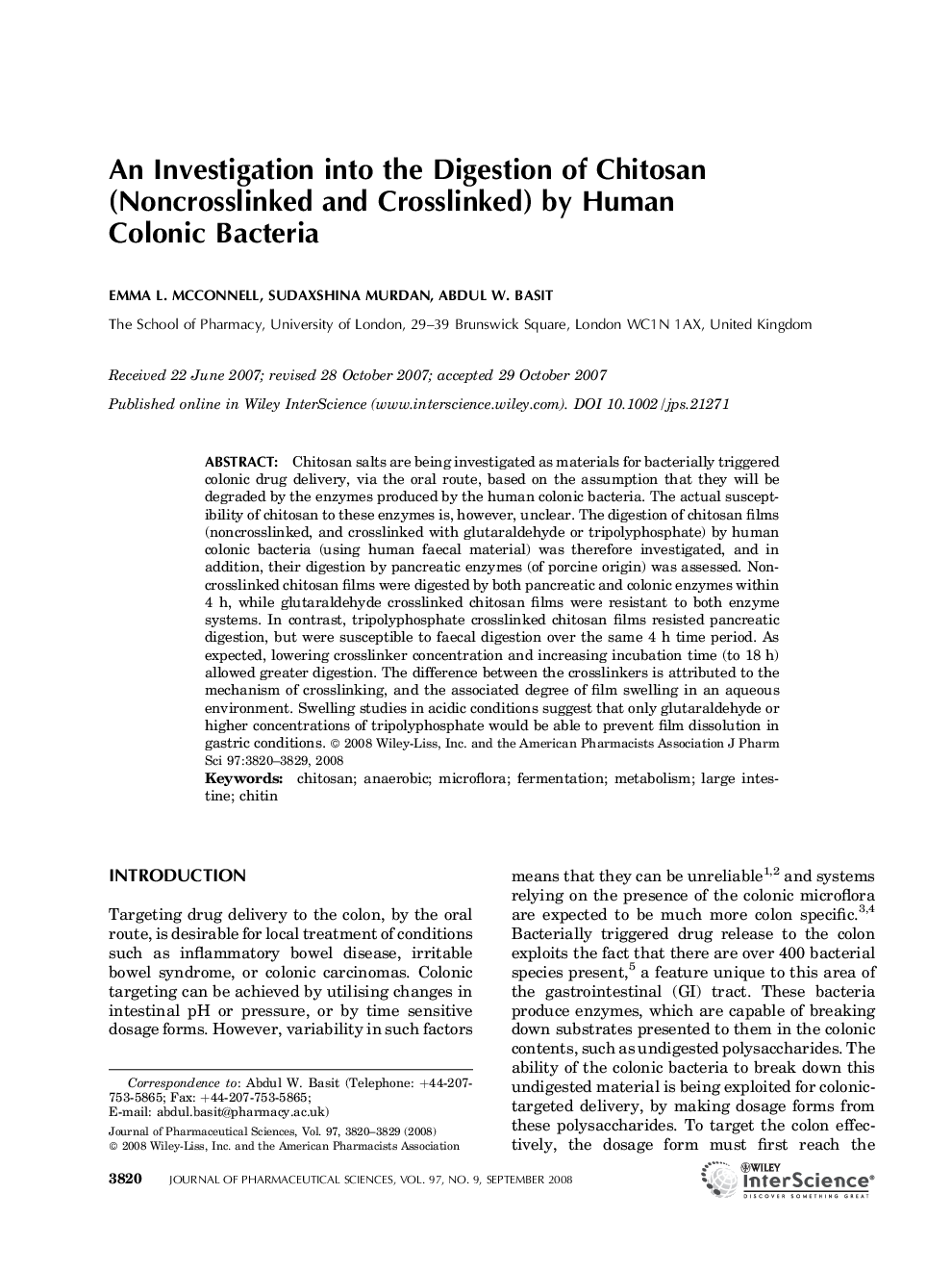 An Investigation into the Digestion of Chitosan (Noncrosslinked and Crosslinked) by Human Colonic Bacteria