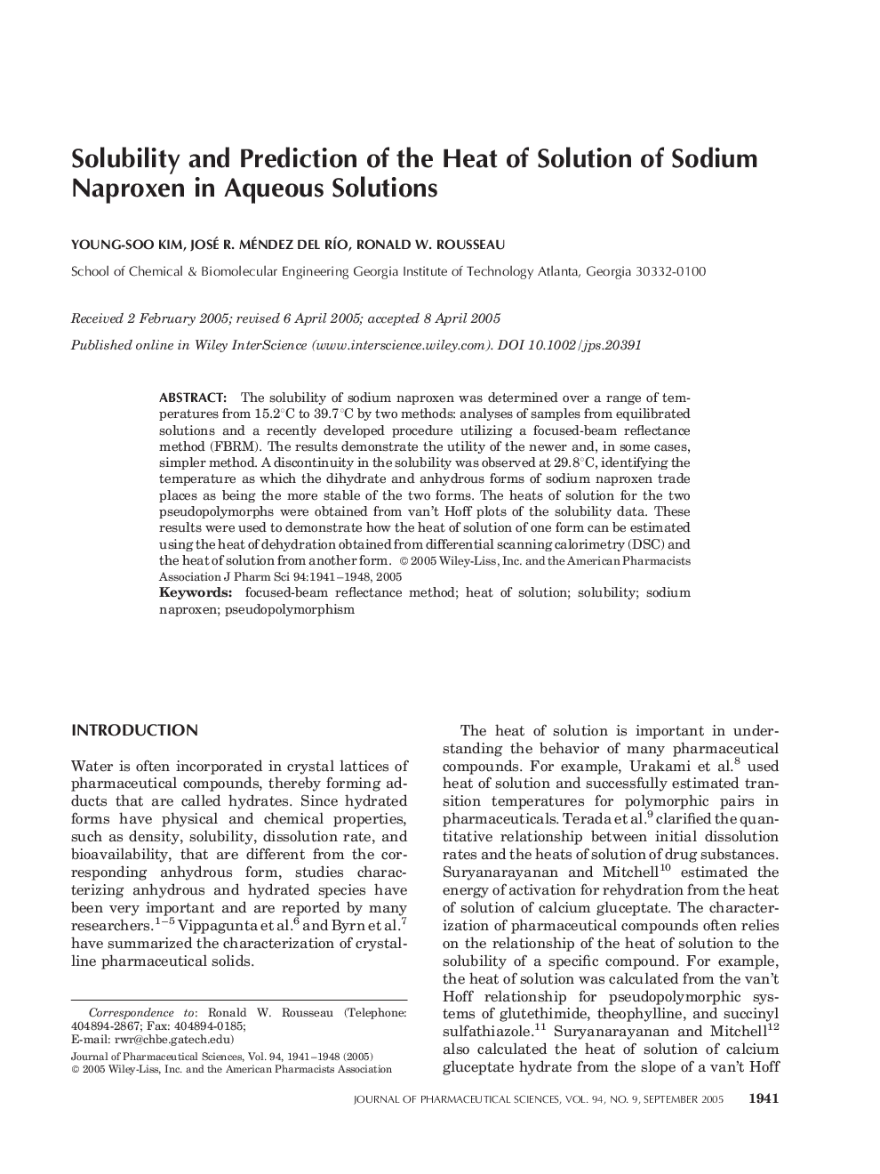 Solubility and Prediction of the Heat of Solution of Sodium Naproxen in Aqueous Solutions