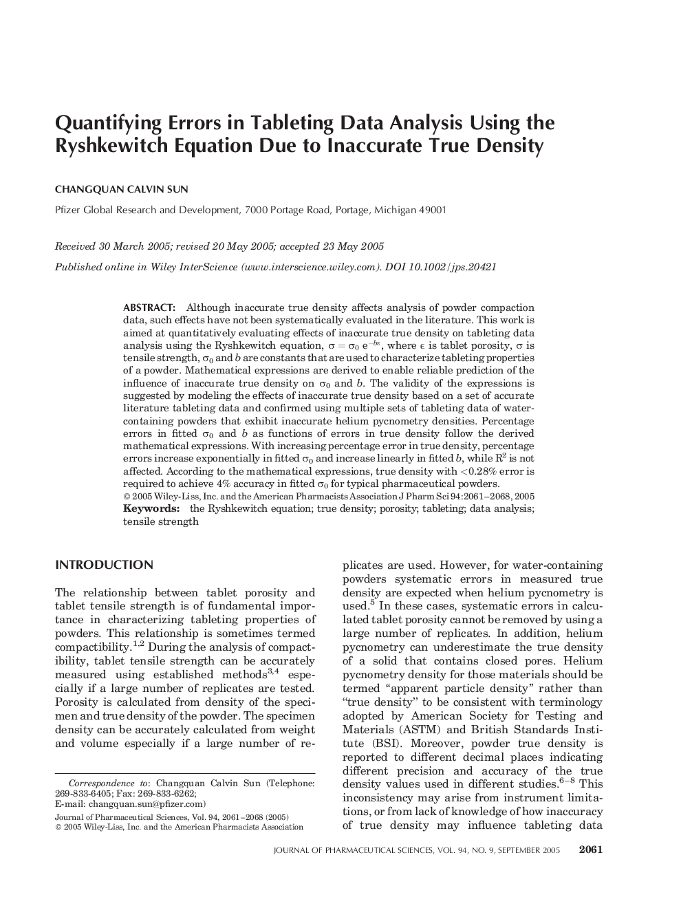 Quantifying Errors in Tableting Data Analysis Using the Ryshkewitch Equation Due to Inaccurate True Density