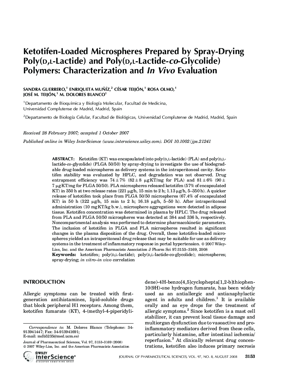Ketotifen-Loaded Microspheres Prepared by Spray-Drying Poly (D,L-Lactide) and Poly(D,L-Lactide-co-Glycolide) Polymers: Characterization and In Vivo Evaluation
